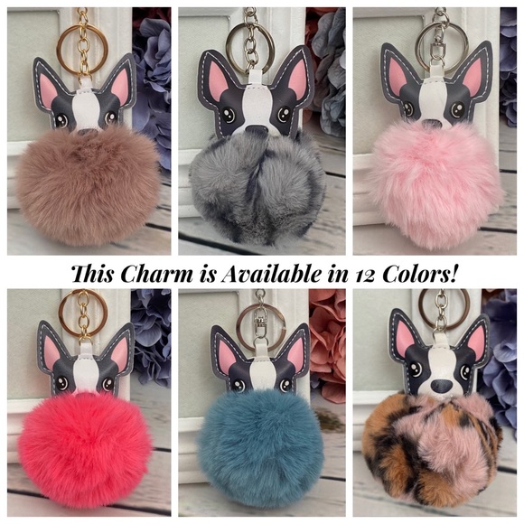 Cute Dog on Dusty Pink Pom Pom Keychain - Picture 10 of 11